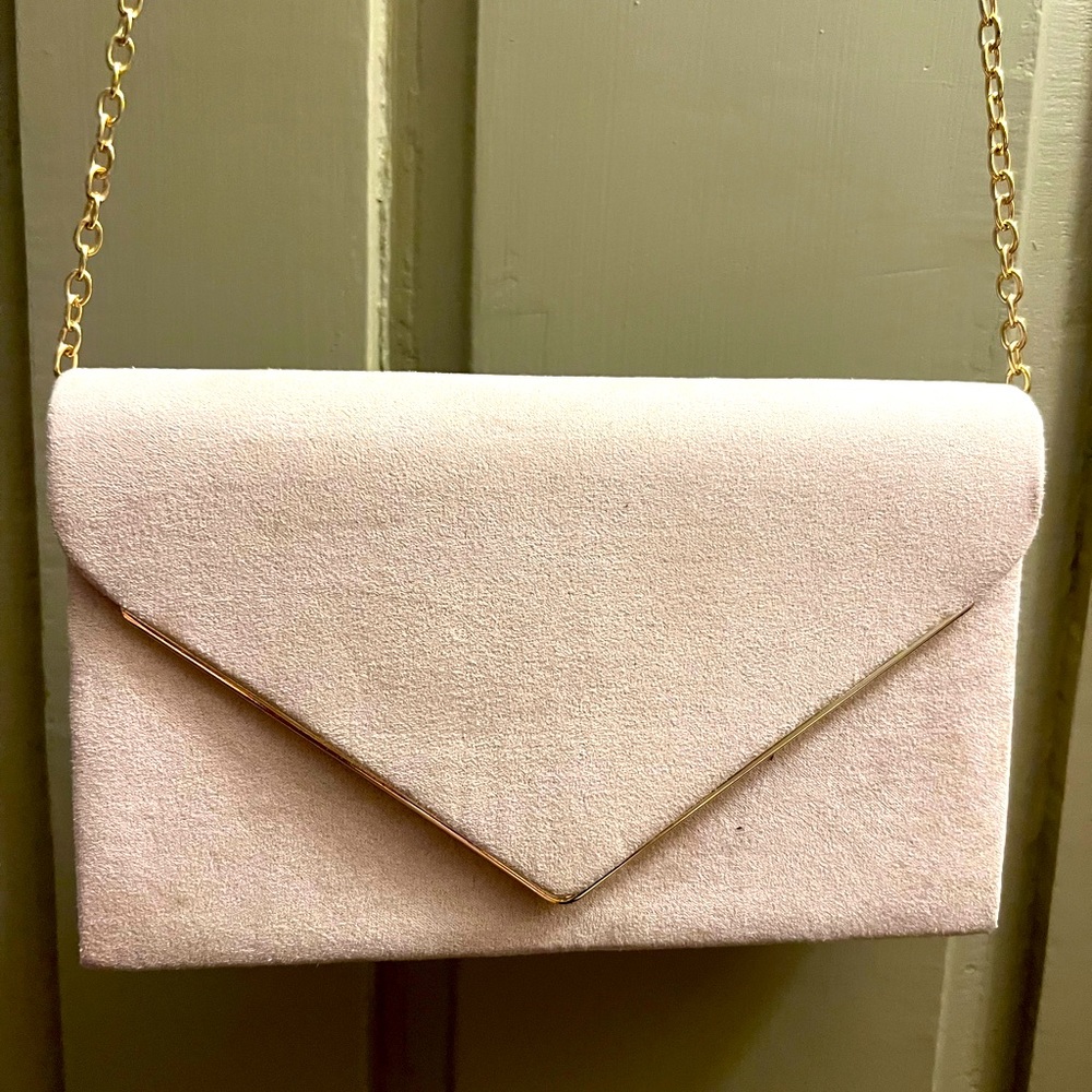 Beige clutch bag, gold trim, used once
